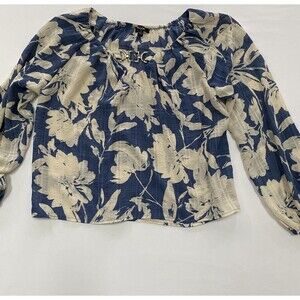 AUW Coastal Grandmother Blue Floral Blouse S Hammered Metal Detail Chiffon